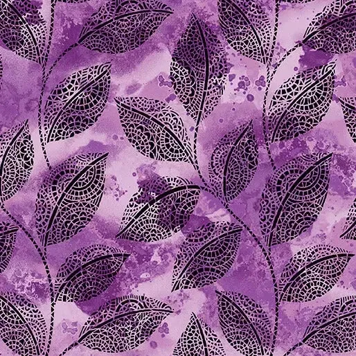 Go with the Flow Mosaic Leaves Purple Cotton 44″/45″ Fabric Per Yard