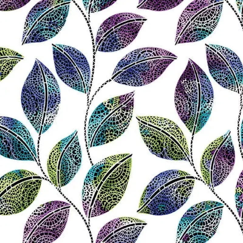 Go with the Flow Mosaic Leaves White/Multi Cotton 44″/45″ Fabric Per Yard