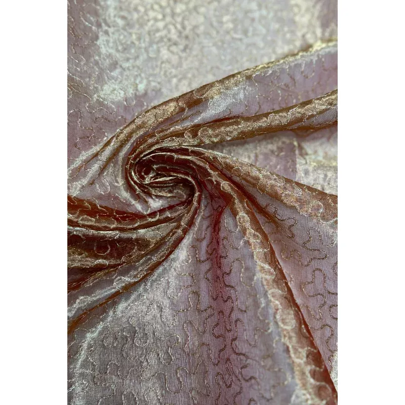 Golden Red Organza with Gold Thread Tissue Metallic Embroidery