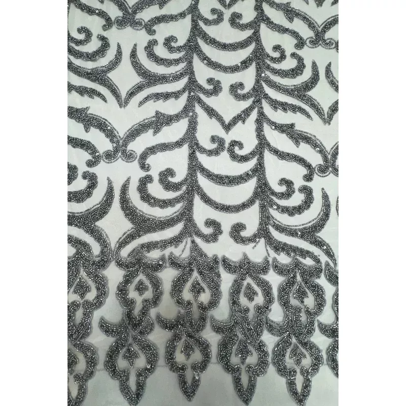 Gray Beading on Off White Tulle Embroidery