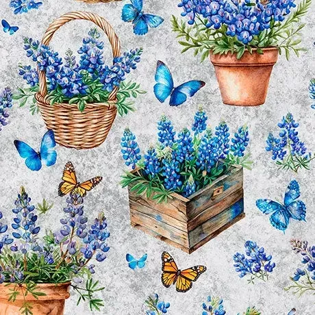 Gray Potted Bluebonnets Cotton 44″/45″ Fabric Per Yard