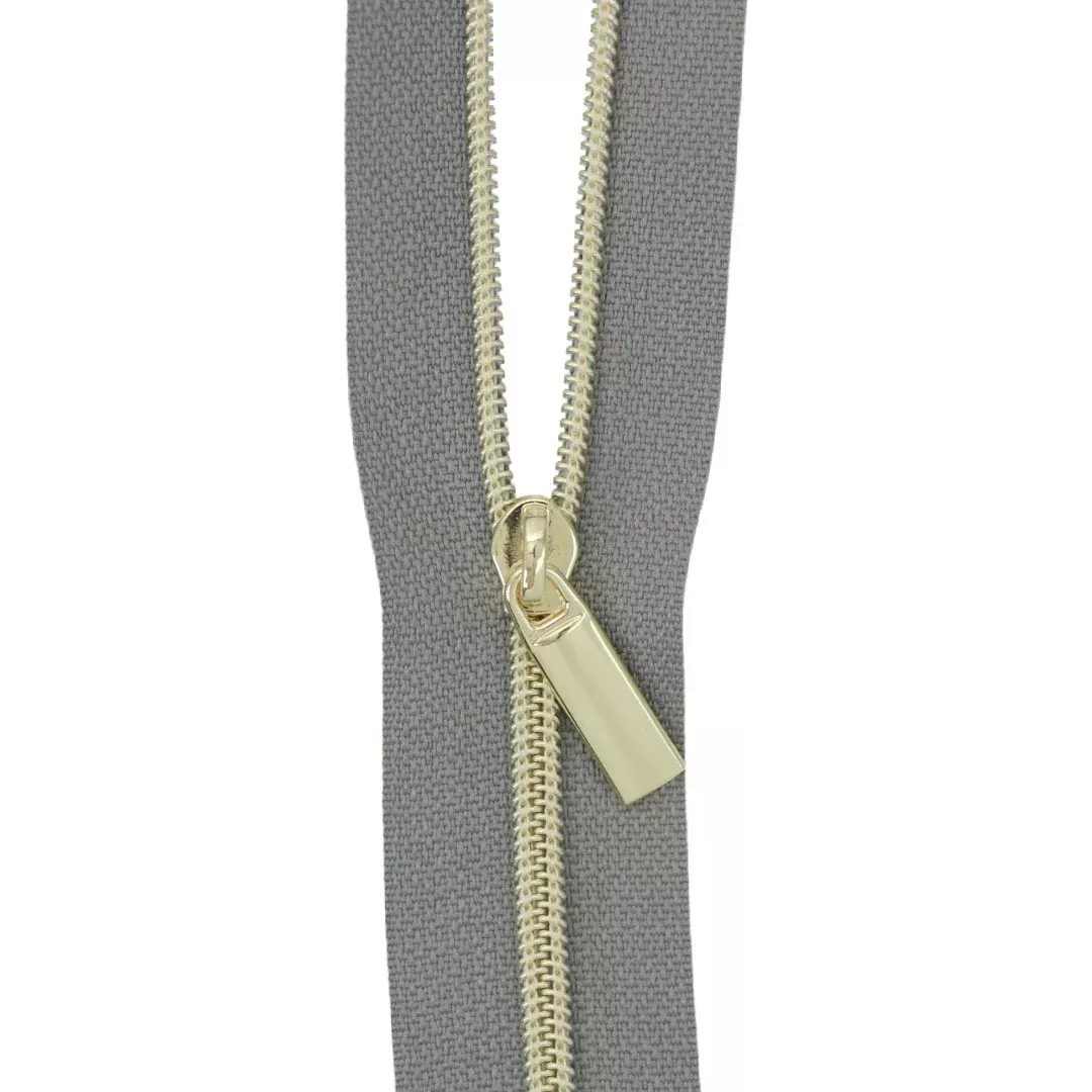 Grey #3 Nylon Gold Coil Zippers: 3 Yards with 9 Pulls