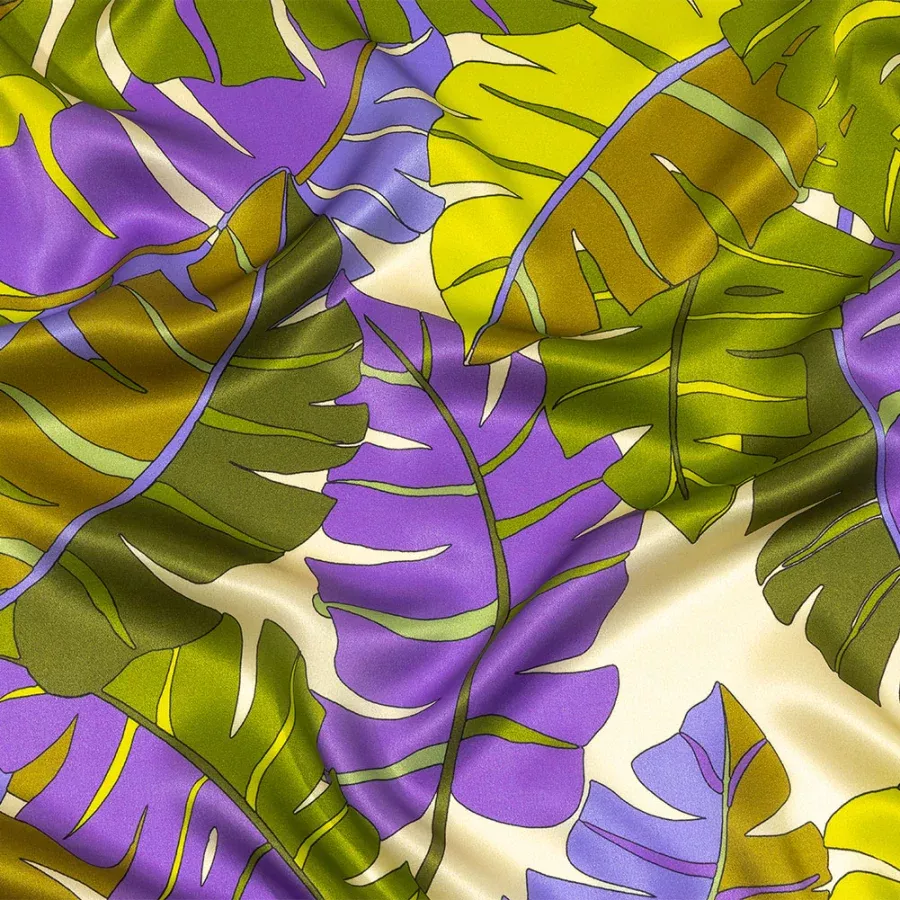 Italian Deep Lavender, Olive and Lime Jungle Leaves Silk Charmeuse Fabric