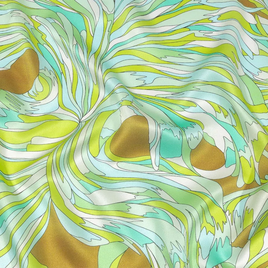Italian Seafoam, Sky and Brown Feathered Flowers Silk Charmeuse Fabric