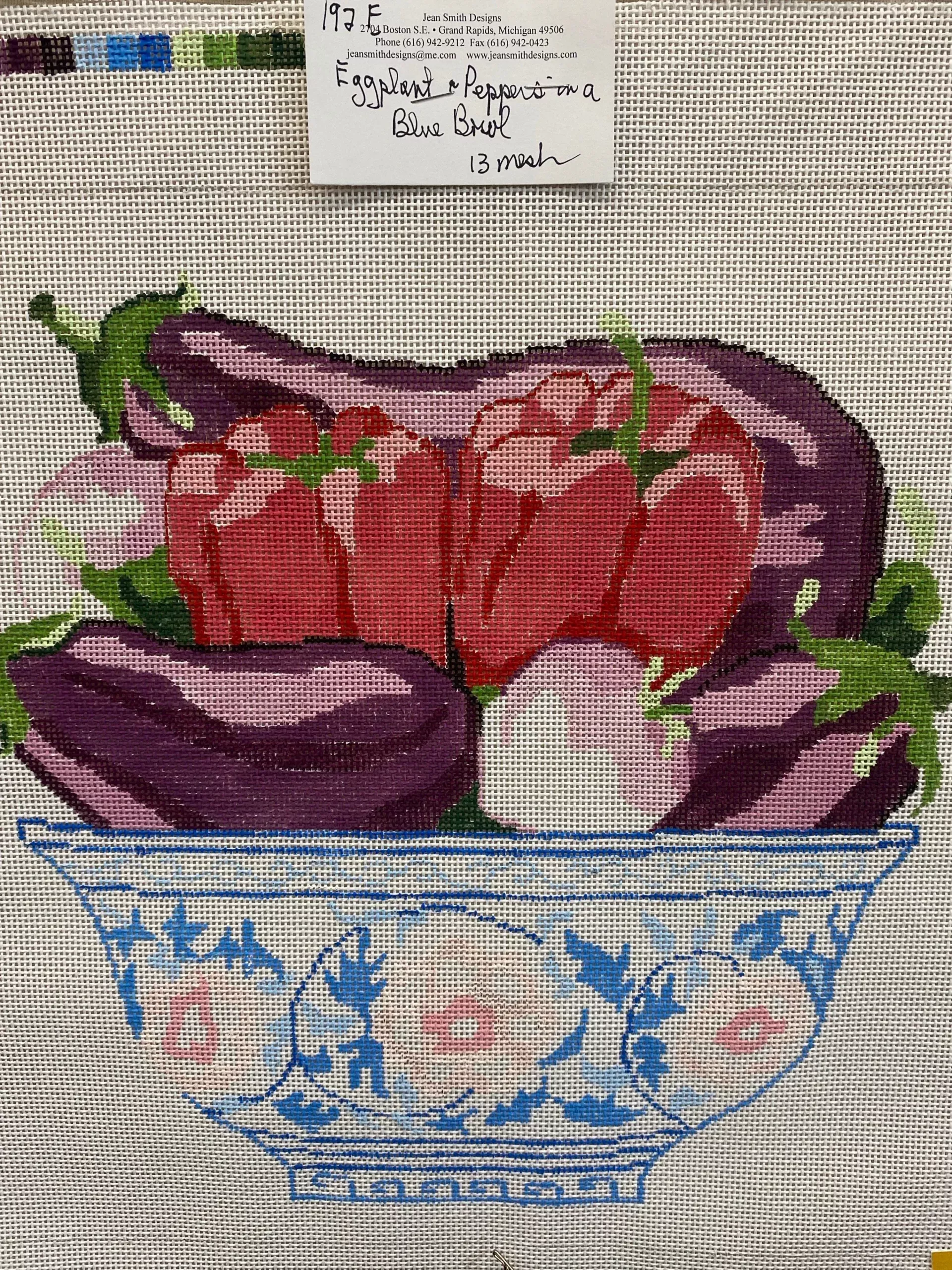 Jean Smith Eggplants and Peppers in Blue Bowl