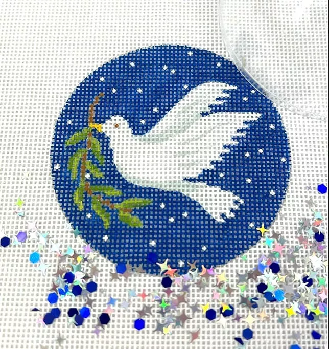 Kate Dickerson Needlepoint – 3″ Round w/Clear Dome & Confetti – Dove w/Olive Branch