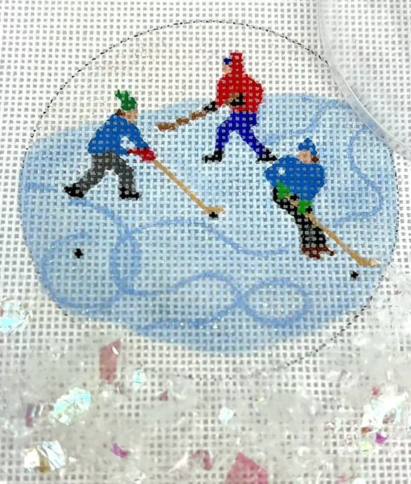 Kate Dickerson Needlepoint – 3″ Round w/Clear Dome & Confetti – Hockey Practice on Pond