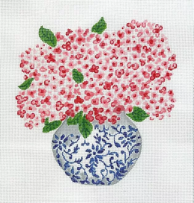 Kate Dickerson Needlepoint – Blue Chinoiserie Pot w/Pink Hydrangeas – 18 mesh
