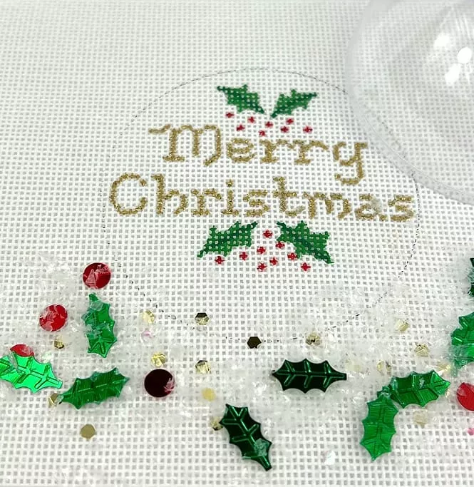 Kate Dickerson Needlepoint – Christmas Ornament w/Clear Dome & Confetti – Merry Christmas