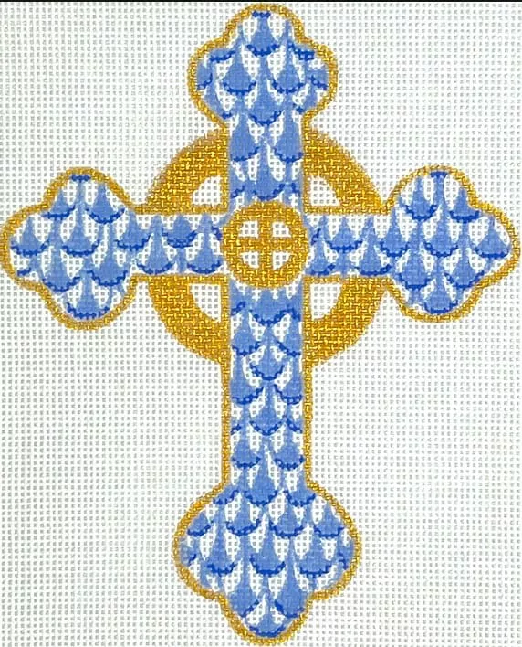 Kate Dickerson Needlepoint – Fishnet Mini – Budded Celtic Cross – blues & gold