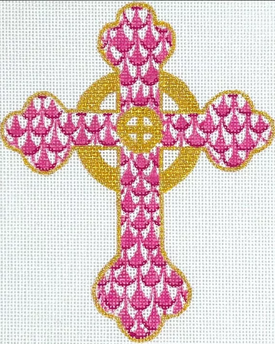Kate Dickerson Needlepoint – Fishnet Mini – Budded Celtic Cross – pinks & gold
