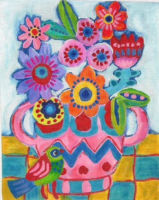 Kate Dickerson Needlepoint – Flowers in Pink & Blue Vase