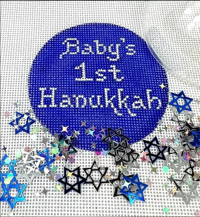 Kate Dickerson Needlepoint – Hanukkah Round w/Clear Dome & Confetti – Baby’s First Hanukkah
