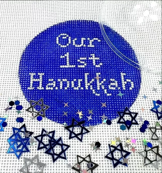 Kate Dickerson Needlepoint – Hanukkah Round w/Clear Dome & Confetti – Our 1st Hanukkah