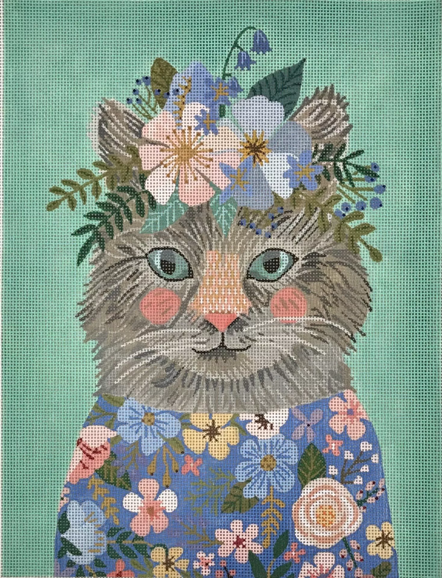 Kate Dickerson Needlepoint – Kitty with Blue Floral Dress