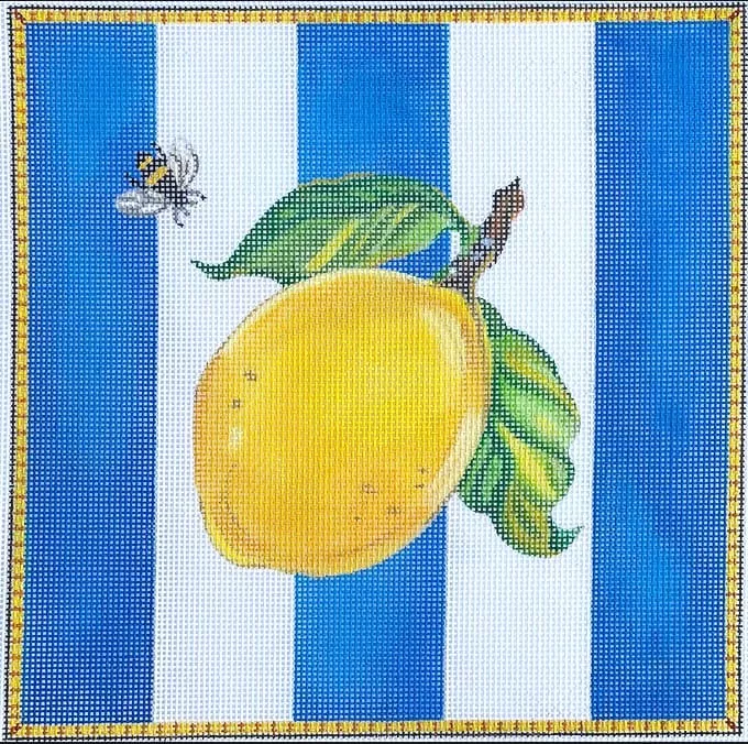 Kate Dickerson Needlepoint – Lemon & Bee on Blue Stripes