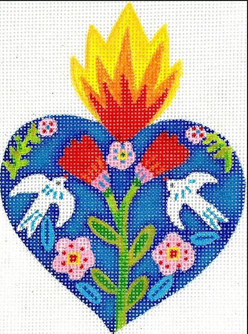 Kate Dickerson Needlepoint – Milagro Heart with Red Flowers & Doves