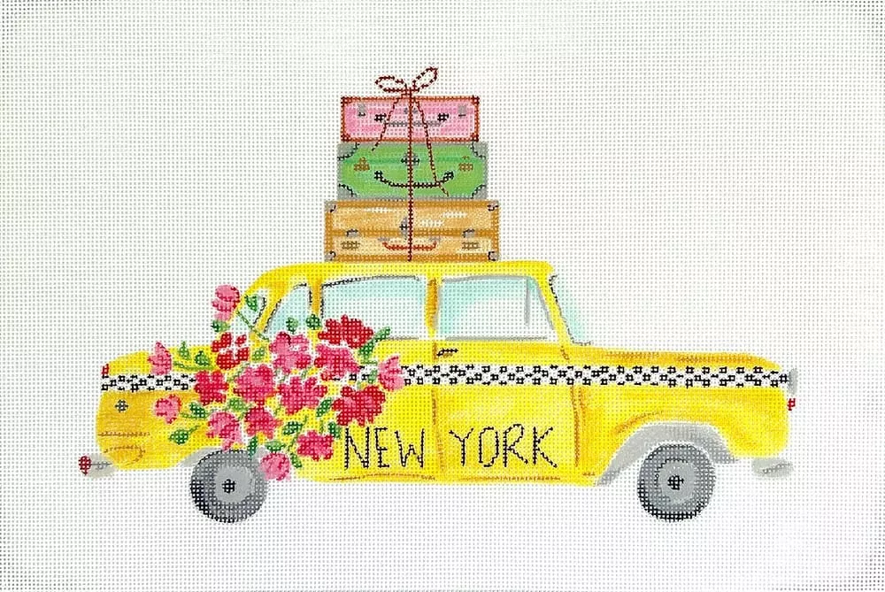 Kate Dickerson Needlepoint – New York Yellow Cab w/Flowers & Suitcases