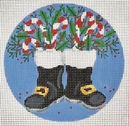 Kate Dickerson Needlepoint – Santa’s Boots with Candy Canes and Greenery