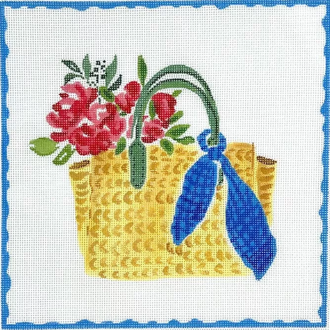 Kate Dickerson Needlepoint – Straw Bag w/Blue Scarf and Flowers