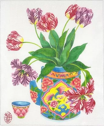 Kate Dickerson Needlepoint – Tulips in a Peranakan Teapot