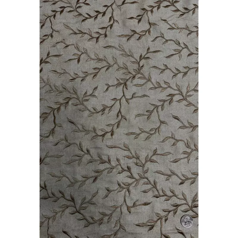 Khaki Embroidered Silk Linen MEMT-017-C