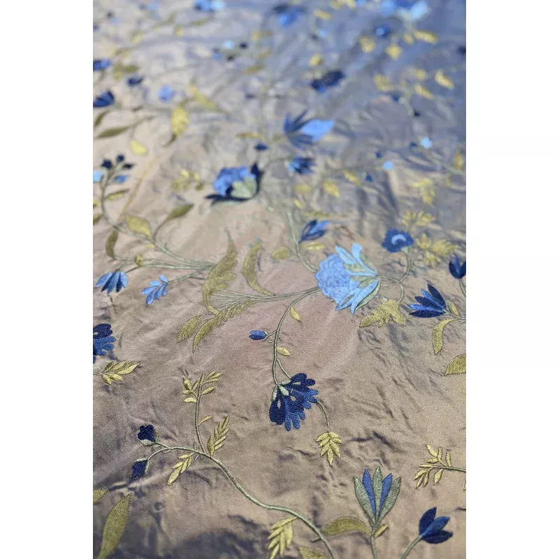 Khaki/Multicolor Embroidered METF-023/4 Silk Taffeta