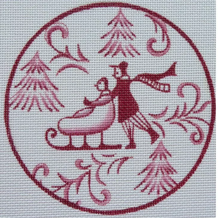 Love You More Needlepoint Designs – Toile Couple on Sled Red