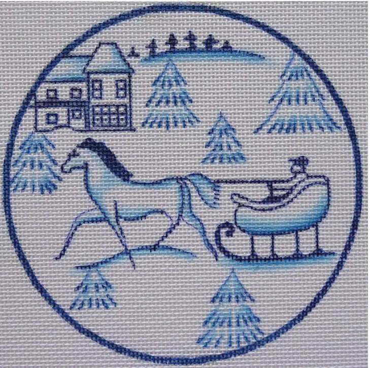 Love You More Needlepoint Designs – Toile Horse and Sled Blue