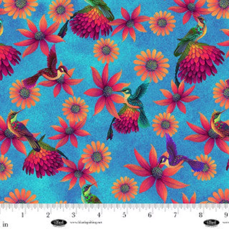 Luminous Haven MinkyMinky FabricHummingbirds and FlowersBright Blue