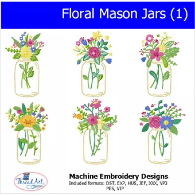 Machine Embroidery Designs – Floral Mason Jars (1)