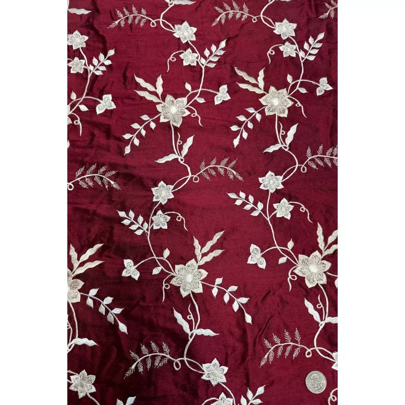 Maroon/White Embroidered Dupioni Silk