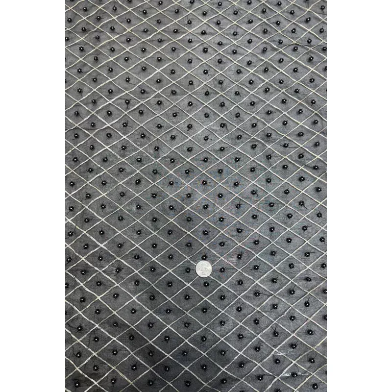Metallic Silver Diamond With Black Pearls Embroidered Organza