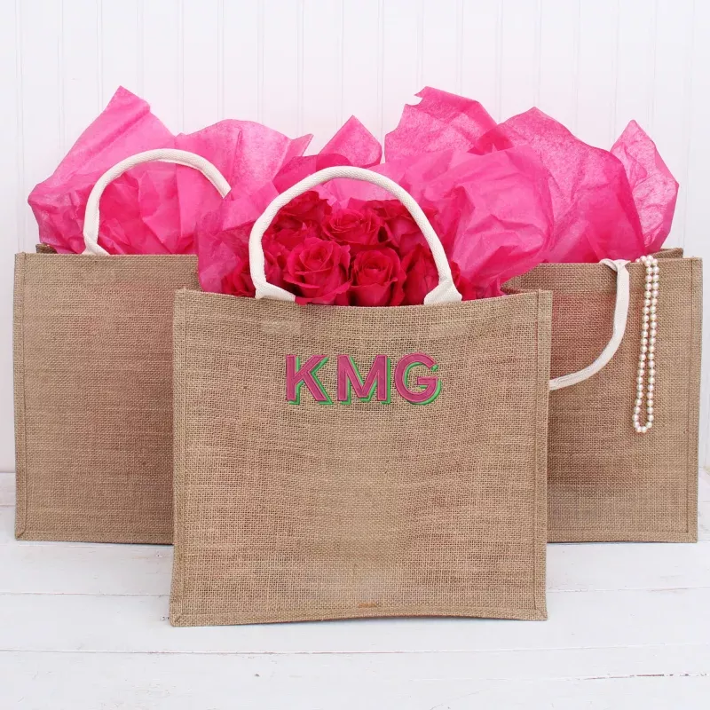 Monogrammed Jute Tote Bag – Embroidered Two Color Shadow Block