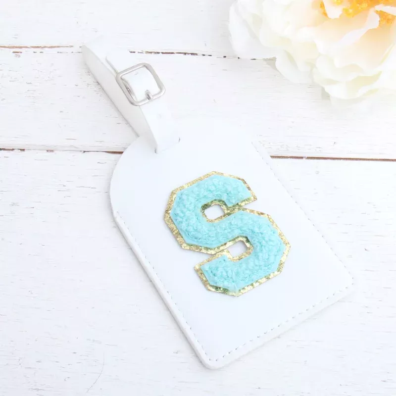 Monogrammed Luggage Tag With Chenille Letters – Pink, White, or Black