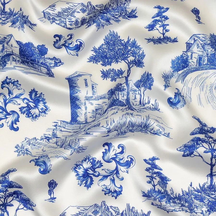 Mood Exclusive Italian Blue and Cloud Dancer Elegant Toile Silk Charmeuse Fabric