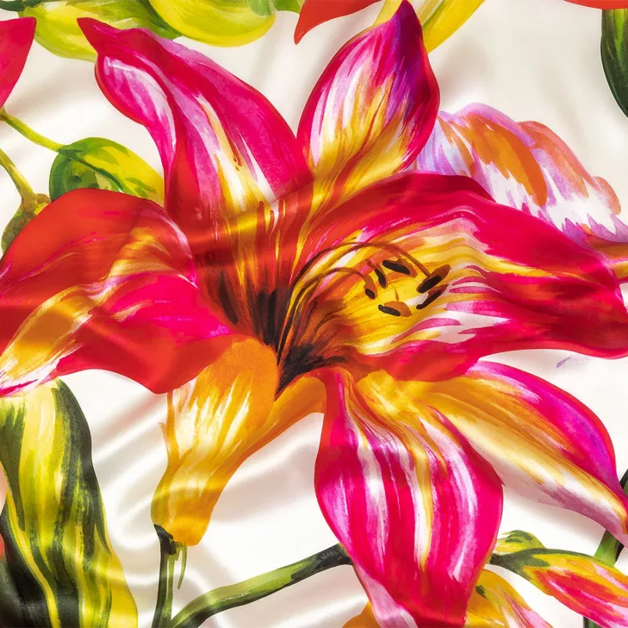 Mood Exclusive Italian Magenta, Orange and Green Lilies Silk Charmeuse Fabric