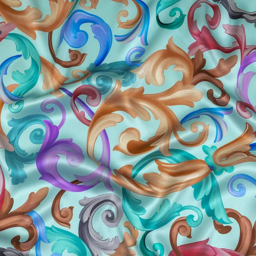 Mood Exclusive Italian Mint and Rainbow Ornate Swirls Silk Charmeuse Fabric