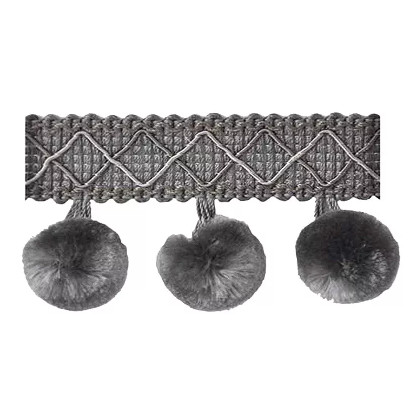 Mulberry Collection – 2″ length SILK POM POM FRINGE (25 Yard Roll) – BF-4006-49 Metal Grey