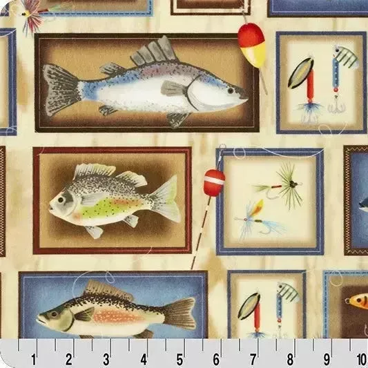 Multi Tan Gone Fishing Digital Cuddle Fabric per yard