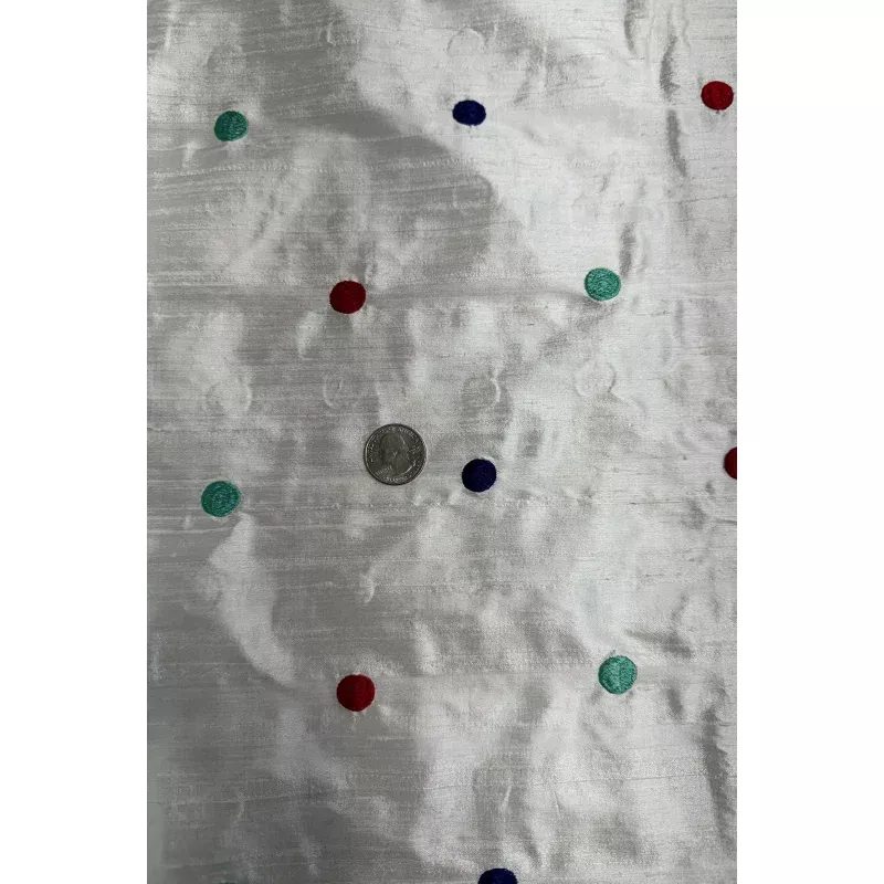 Multicolor Dots on White Shantung Embroidered Dupioni Silk