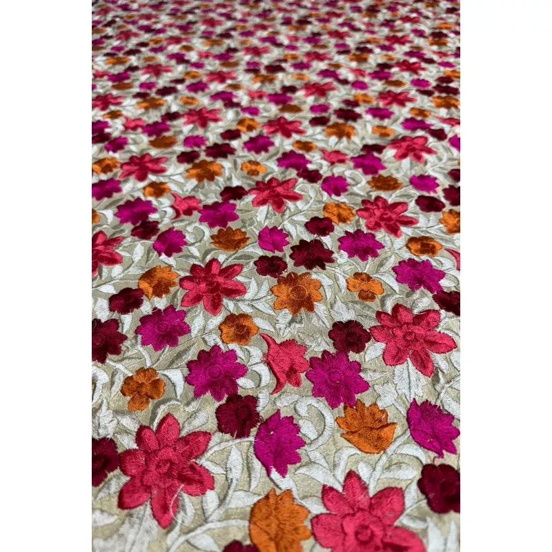 Multicolor Flower on Gold Embroidered Silk