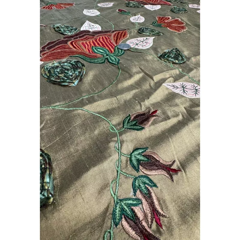 Multicolor Flowers on Bronze Shantung Embroidered Dupioni Silk