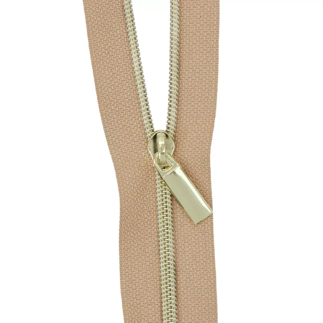 Natural #3 Nylon Gold Coil Zippers: 3 Yards with 9 Pulls