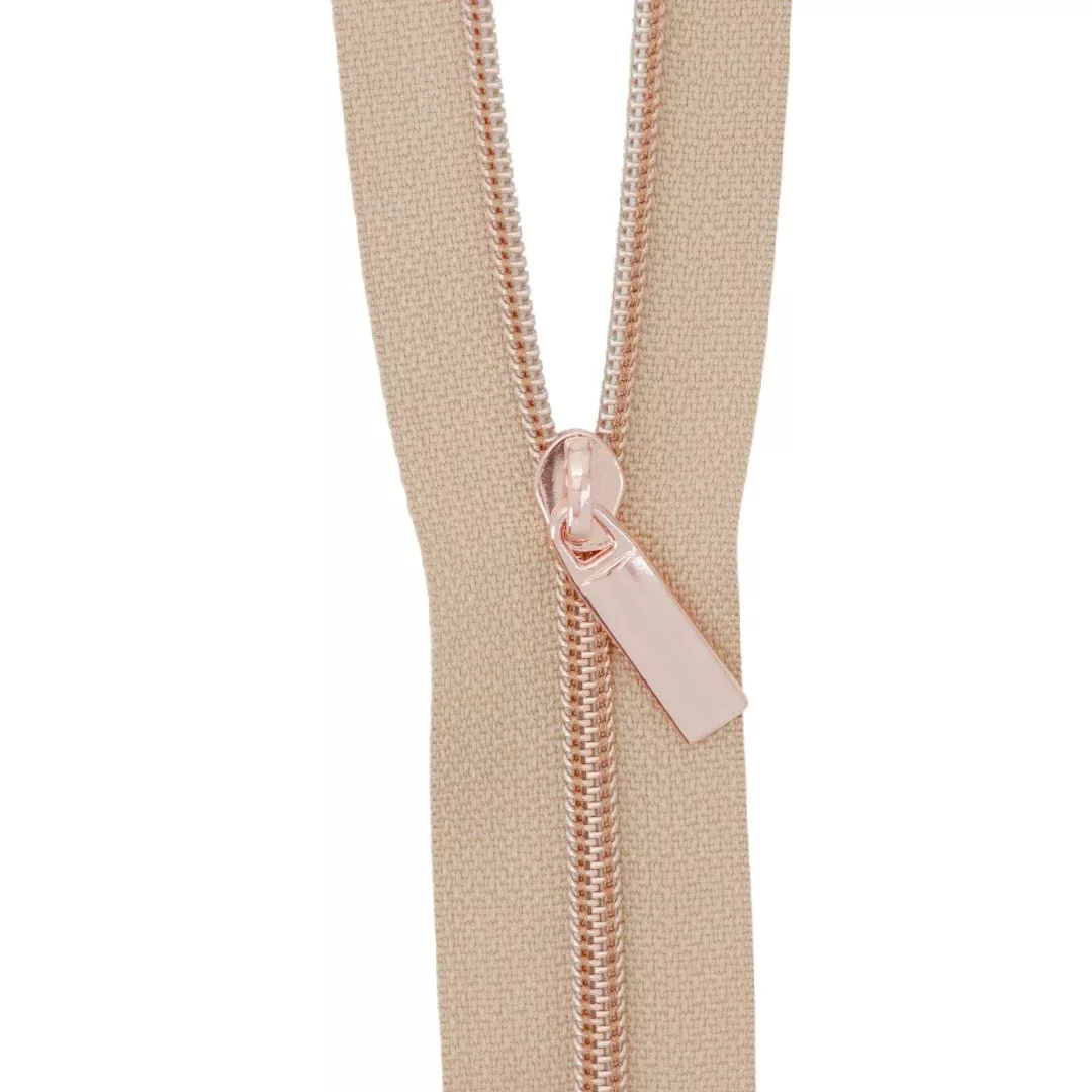 Natural #3 Nylon Rose Gold Coil Zippers: 3 Yards with 9 Pulls