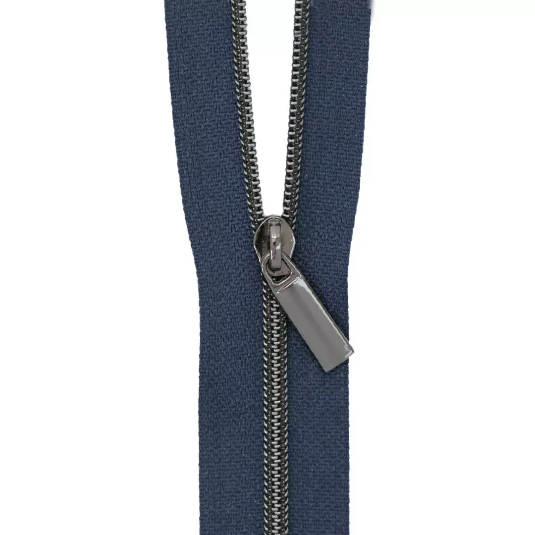 Navy #3 Nylon Gunmetal Coil Zippers: 3 Yards with 9 Pulls