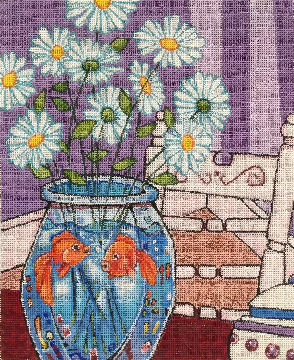 Needlepoint Handpainted Purple Palm Daisies 9x11
