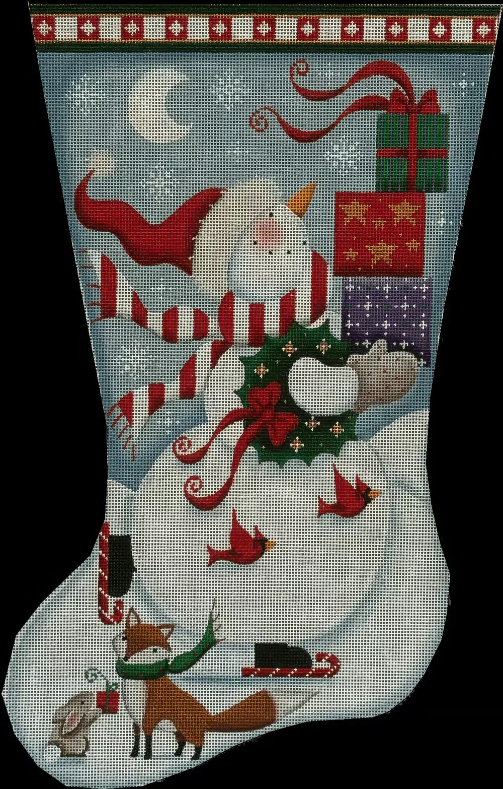 Needlepoint Handpainted Rebecca Wood Stocking Skating Snowman