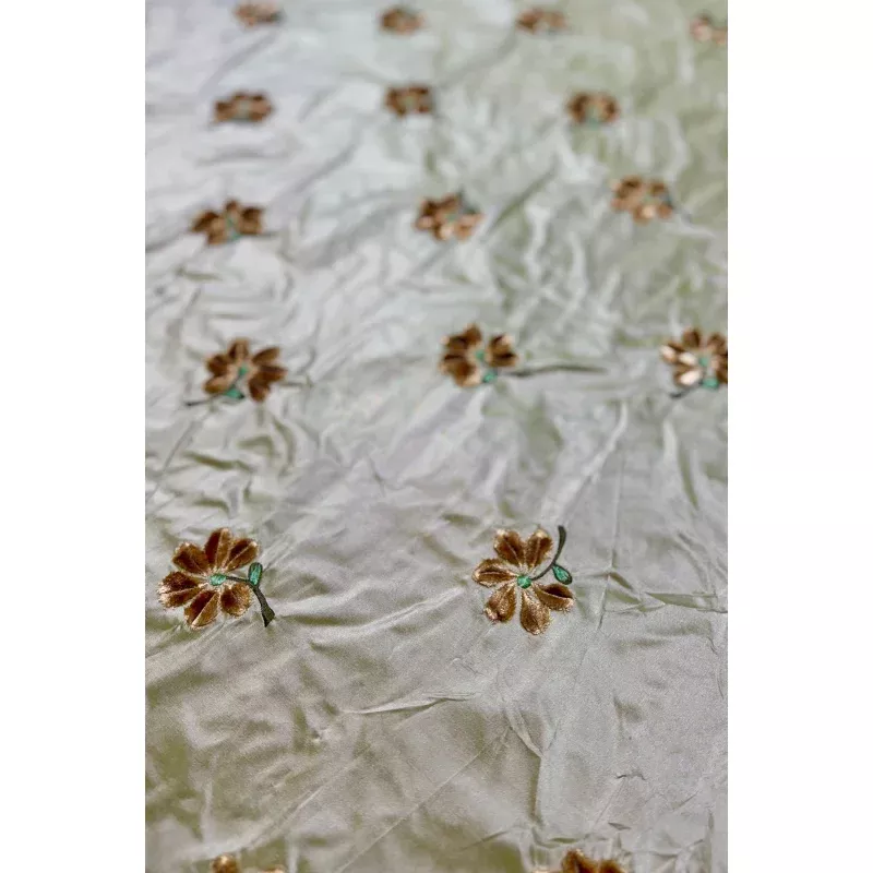 Pale Olive Green/Multicolor Embroidered METF-025/1 Silk Taffeta