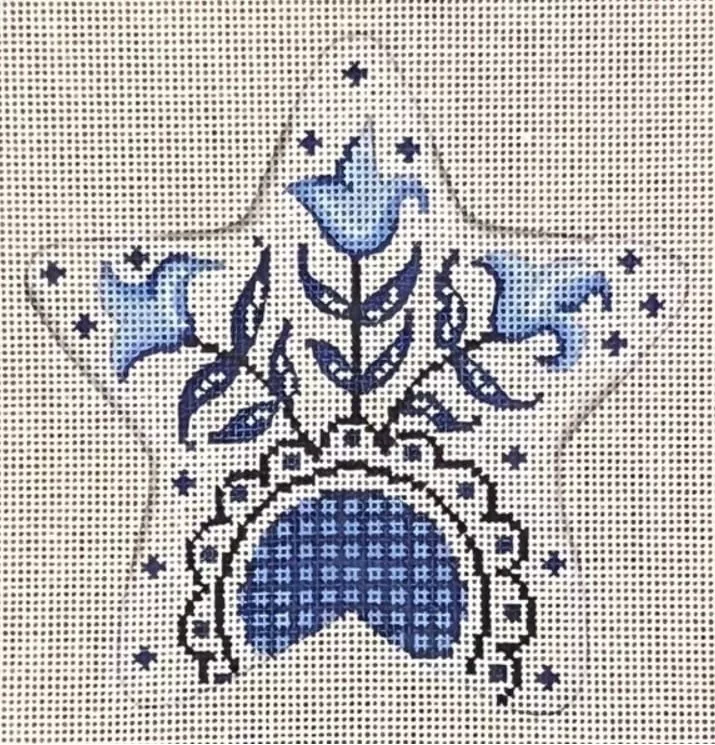 Patti Mann Needlepoint – Blue White Star 3 Tulips Ornament